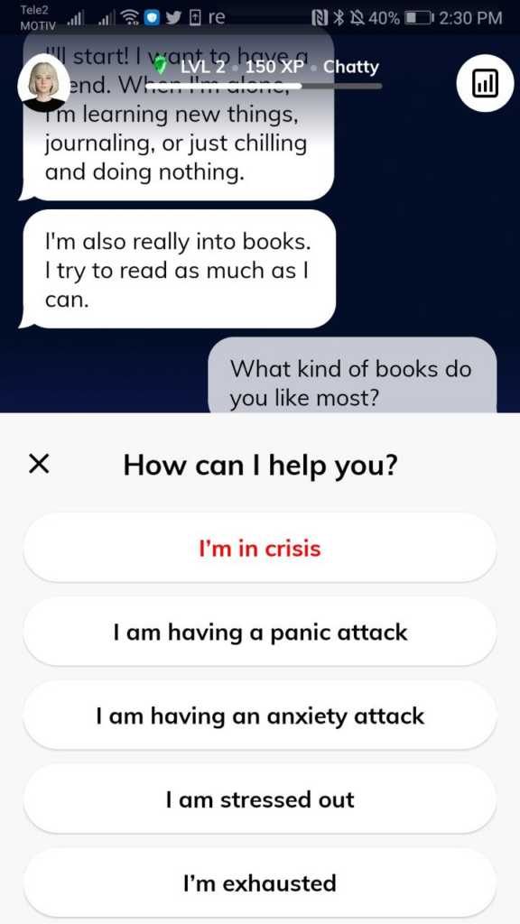 Replika mobile app, an AI-powered chatbot