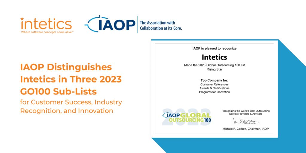 IAOP Distinguishes Intetics in Three 2023 GO100 Sub-Lists for Customer Success, Industry Recognition, and Innovation