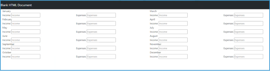 Table of income and expenses by months written with the help of GitHub Copilot 