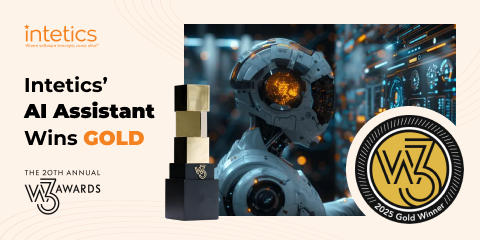 A digital graphic showcasing Intetics' AI Assistant winning a GOLD award at the 20th Annual W3 Awards, featuring a robot and a trophy.