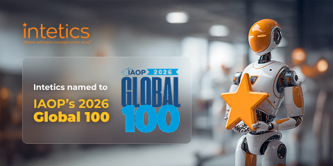 Intetics named to IAOP’s 2026 Global Outsourcing 100 list, illustrated with a robot holding a gold star award badge