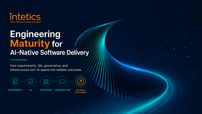 Illustration representing AI-native software delivery maturity, showing the evolution from traditional software engineering workflows to AI-driven development processes, governance, automation, and intelligent SDLC orchestration.